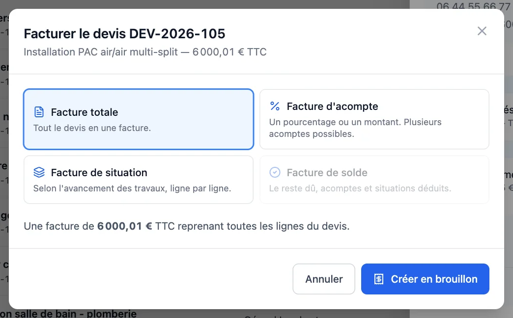 Facturer un devis : facture totale, d'acompte, de situation selon l'avancement (ici 60 % et 40 %), ou de solde