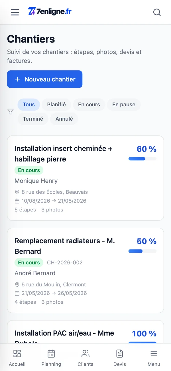 Chantiers sur téléphone : avancement, étapes et photos